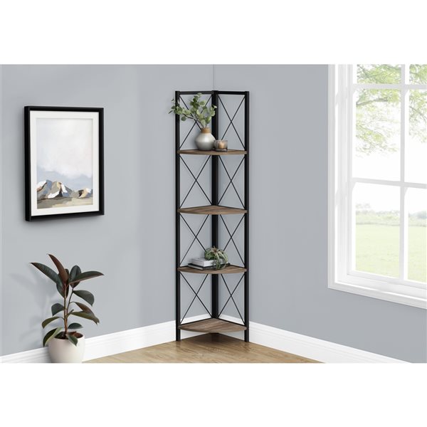 Monarch Specialties Brown Faux Wood Metal 4-Shelf Corner Bookcase