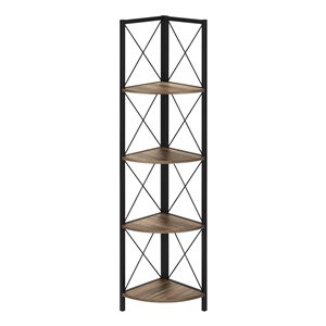 Monarch Specialties Brown Faux Wood Metal 4-Shelf Corner Bookcase