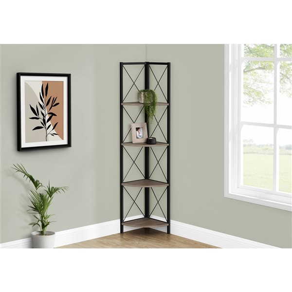 Monarch Specialties Dark Taupe Faux Wood Metal 4-Shelf Corner Bookcase