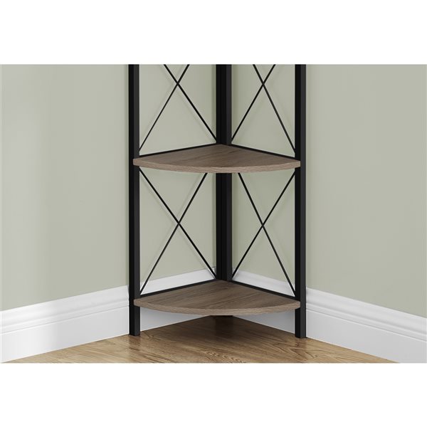 Monarch Specialties Dark Taupe Faux Wood Metal 4-Shelf Corner Bookcase