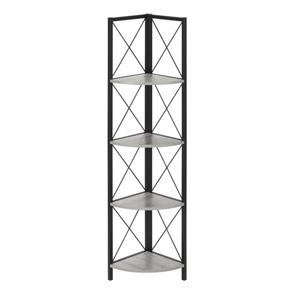 Monarch Specialties Grey Faux Wood Metal 4-Shelf Corner Bookcase
