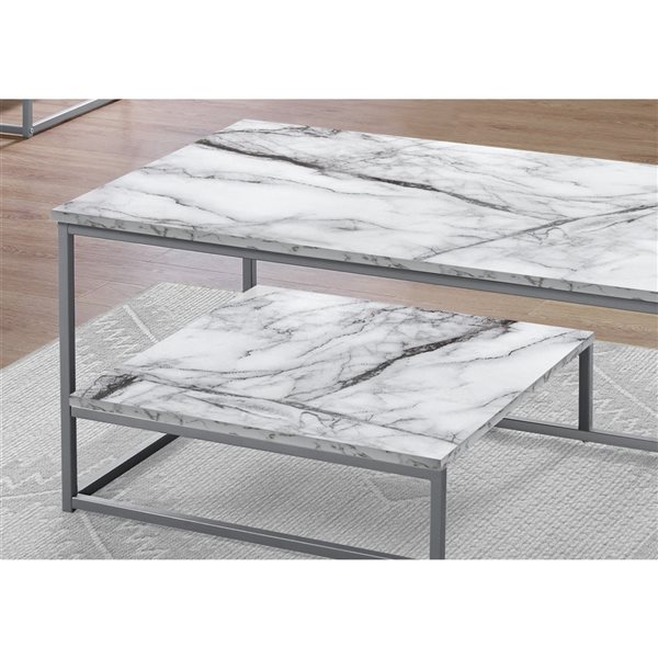 Monarch Specialties White Faux Marble Accent Table Set - 3-Piece