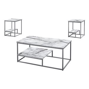 Monarch Specialties White Faux Marble Accent Table Set - 3-Piece