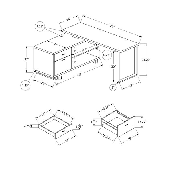 Bureau en L Monarch Specialties moderne/contemporain de 72 po, blanc