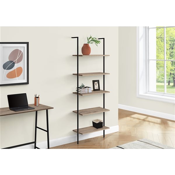 Monarch Specialties Dark Taupe Faux Wood Metal 5-Shelf Ladder Bookcase