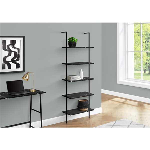 Monarch Specialties Black Faux Marble Metal 5-Shelf Ladder Bookcase