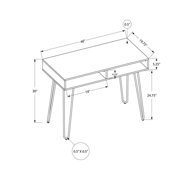 Bureau d'ordinateur Monarch Specialties moderne/contemporain de 40 po, noir