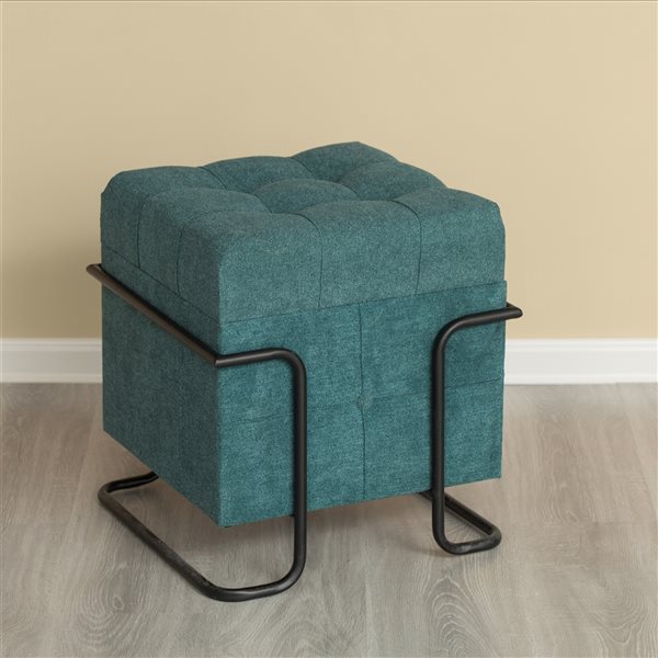 Fabulaxe Modern Blue Polyester Square Ottoman with Integrated Storage