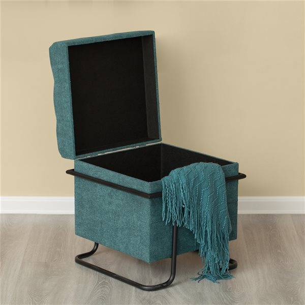 Fabulaxe Modern Blue Polyester Square Ottoman with Integrated Storage