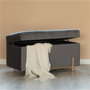 Fabulaxe Modern Grey Velvet Rectangle Ottoman with Integrated Storage