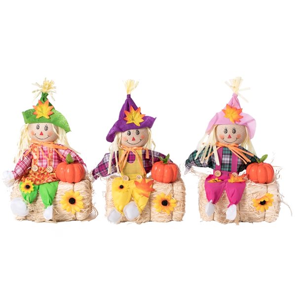 Gardenised Fall Scarecrow Decoration Sitting on Hay Bale - Set of 3 ...