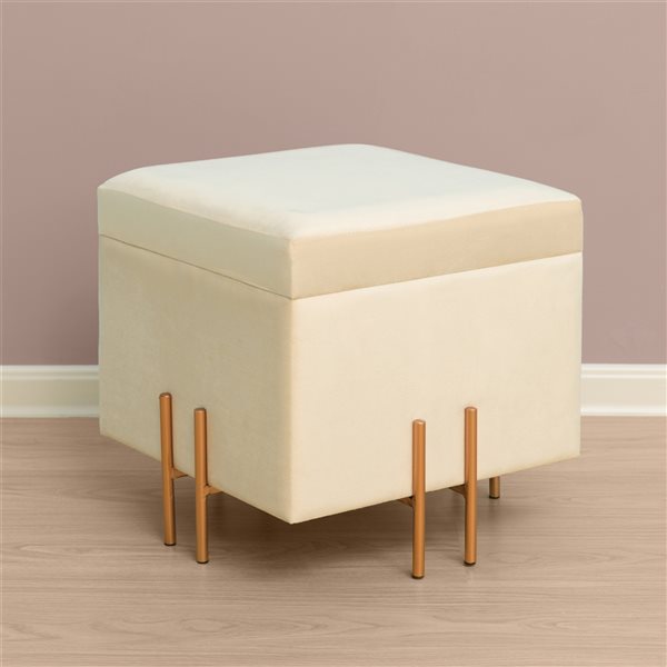 Fabulaxe Modern Ivory Velvet Square Ottoman with Integrated Storage