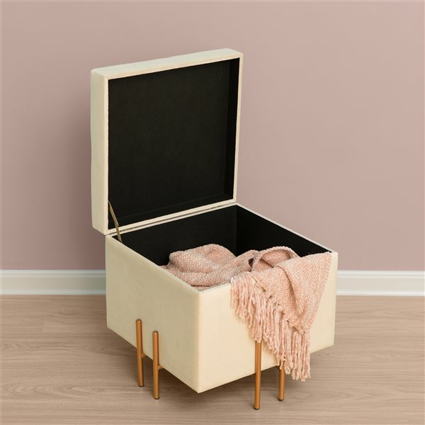 Fabulaxe Modern Ivory Velvet Square Ottoman with Integrated Storage