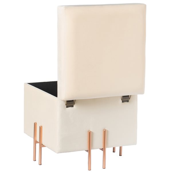 Fabulaxe Modern Ivory Velvet Square Ottoman with Integrated Storage