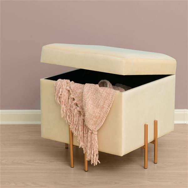 Fabulaxe Modern Ivory Velvet Square Ottoman with Integrated Storage