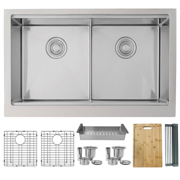 Image of Stylish | Lapis 32.87-In X 20.75-In Stainless Steel Undermount Double Apron Front Kitchen Sink With Accessories, Double Bowl | Rona