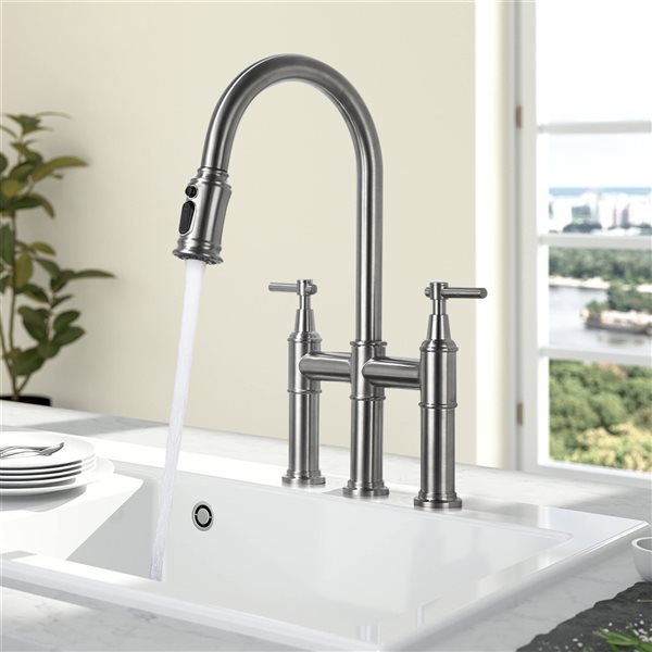 WELLFOR Brushed Nickel 2-Handle Deck Mount Bridge Kitchen Faucet MFT ...