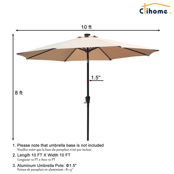 Clihome 10-ft Tan Garden Patio Umbrella with Push-Button and LED