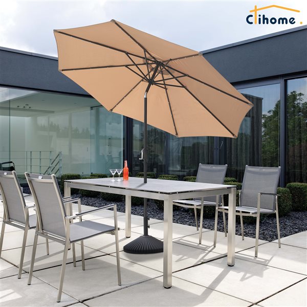 Clihome 10-ft Tan Garden Patio Umbrella with Push-Button and LED