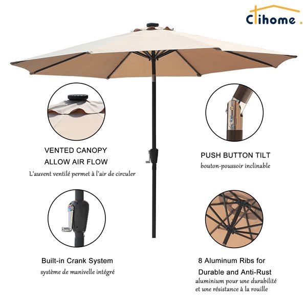 Clihome 10-ft Tan Garden Patio Umbrella with Push-Button and LED