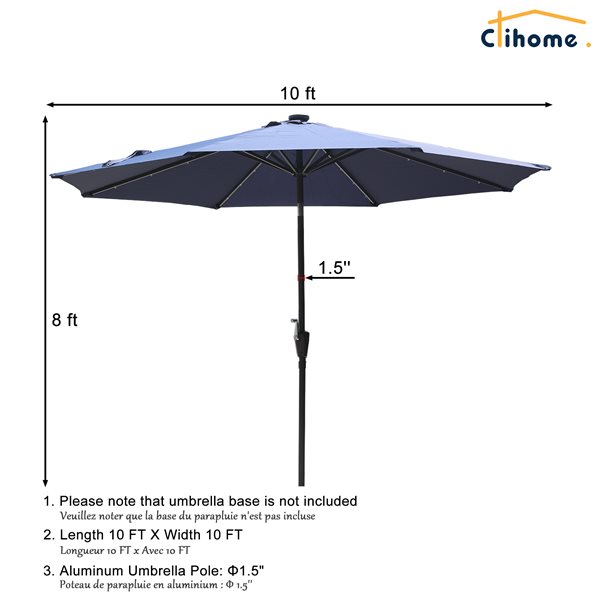 Clihome 10-ft Navy Blue Garden Patio Umbrella with Push-Button and LED
