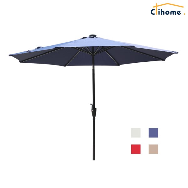 Clihome 10-ft Navy Blue Garden Patio Umbrella with Push-Button and LED
