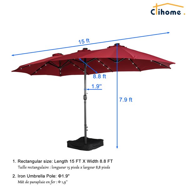 Clihome 15-ft Red Market Patio Umbrella with Base and LED