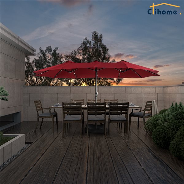 Clihome 15-ft Red Market Patio Umbrella with Base and LED
