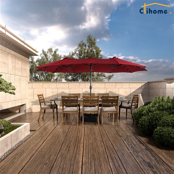 Clihome 15-ft Red Market Patio Umbrella with Base and LED
