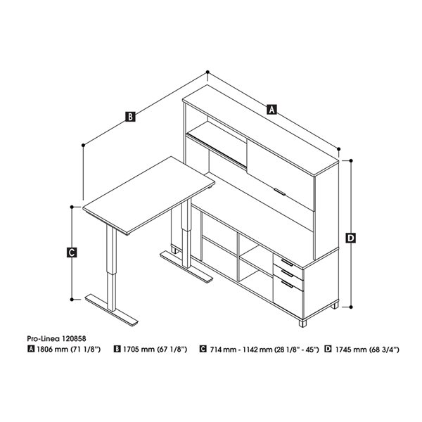 Bestar Pro-Linea 72-in L-Shaped Standing Desk with Hutch - Bark Grey