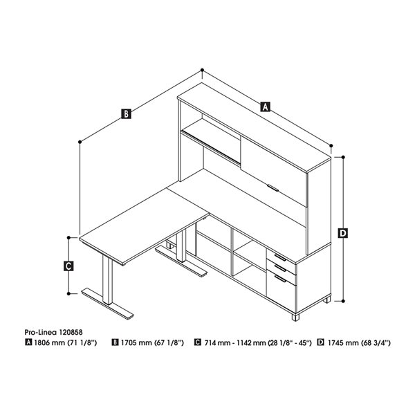 Bestar Pro-Linea 72-in L-Shaped Standing Desk with Hutch - Bark Grey