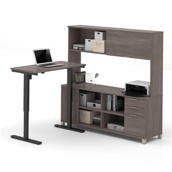 Bestar Pro-Linea 72-in L-Shaped Standing Desk with Hutch - Bark Grey