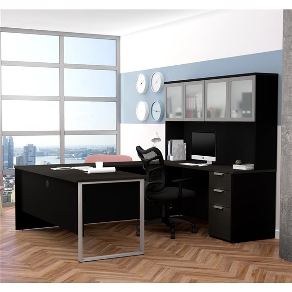 Bestar Pro-Concept Plus 72-in U-Desk with Pedestal and Hutch - Black and Deep Grey