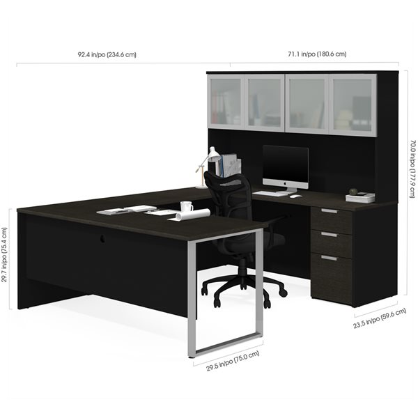 Bestar Pro-Concept Plus 72-in U-Desk with Pedestal and Hutch - Black and Deep Grey