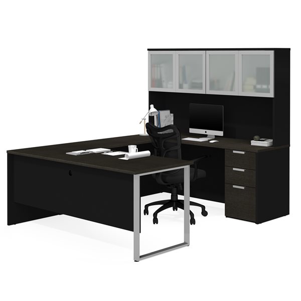 Bestar Pro-Concept Plus 72-in U-Desk with Pedestal and Hutch - Black and Deep Grey