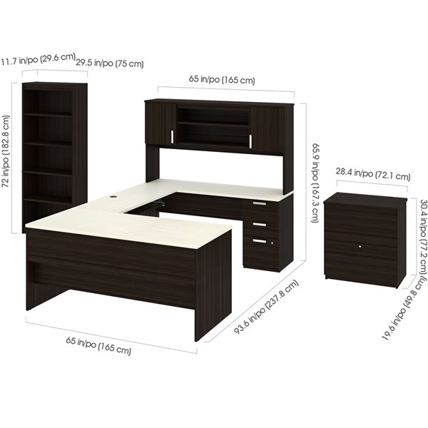 Bestar Ridgeley U-Desk with Hutch, Lateral File, and Bookcase - White Chocolate