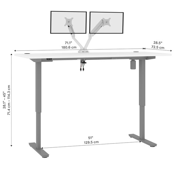 Bestar Upstand 72-in Standing Desk with Dual monitor arm - White