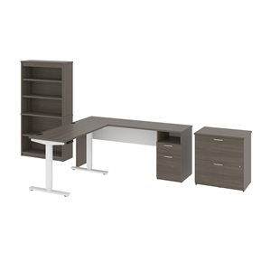 Bestar Upstand 72-in L-Standing Desk with Bookcase and File - Bark Grey and White