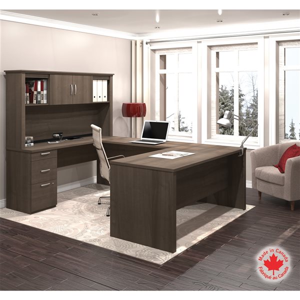 Bestar Logan 66-in U or L-Desk with Pedestal and Hutch - Antigua