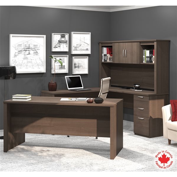 Bestar Logan 66-in U or L-Desk with Pedestal and Hutch - Antigua