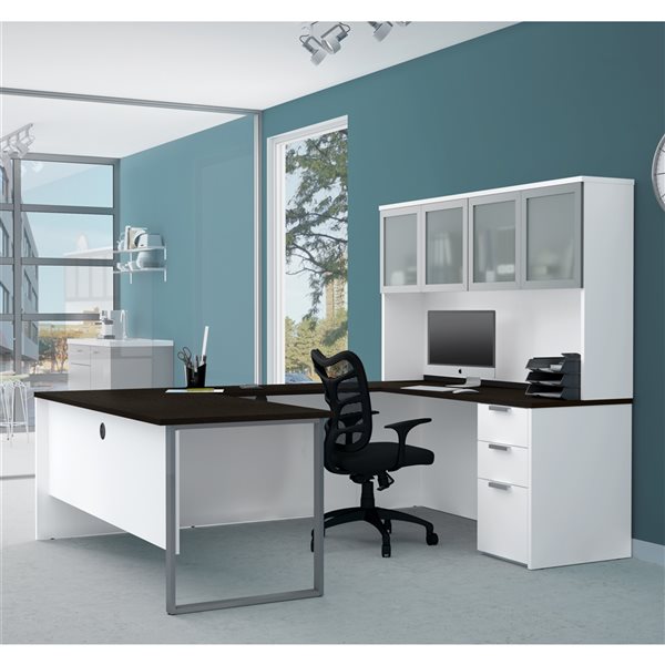 Bestar Pro-Concept Plus 72-in U-Desk with Pedestal and Hutch - Deep Grey and White