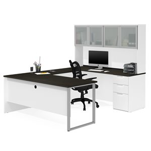 Bestar Pro-Concept Plus 72-in U-Desk with Pedestal and Hutch - Deep Grey and White