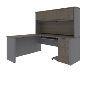 Bestar Prestige + 72-in L-Shaped Desk with Pedestal and Hutch - Bark Grey and Slate