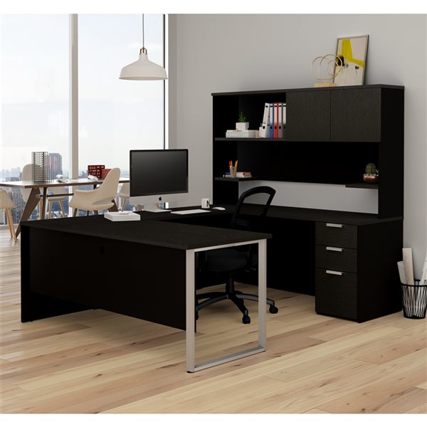 Bestar Pro-Concept Plus 72-in U-Desk with Pedestal and Hutch - Deep Grey and Black