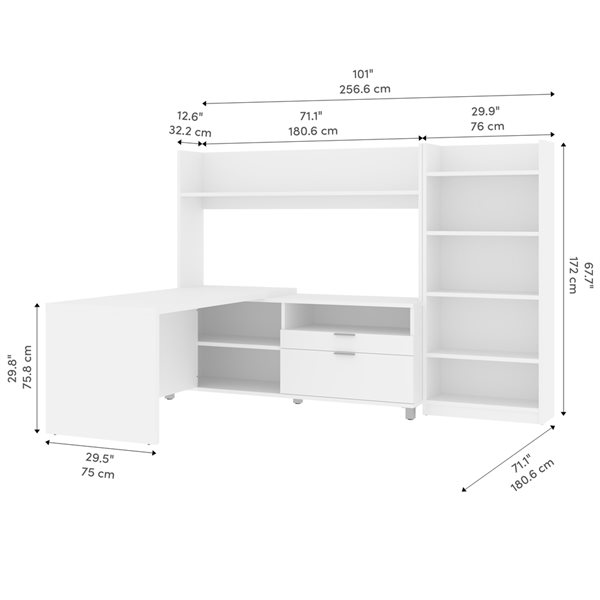 Bestar Pro-Linea 72-in L-Shaped Desk with Hutch and Bookcase - White