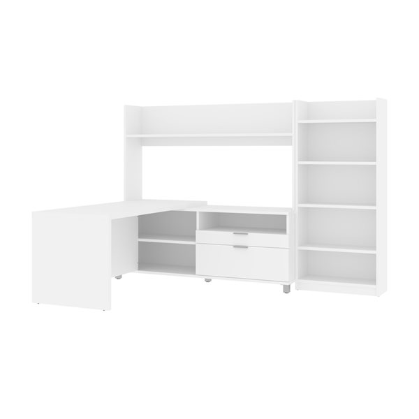 Bestar Pro-Linea 72-in L-Shaped Desk with Hutch and Bookcase - White