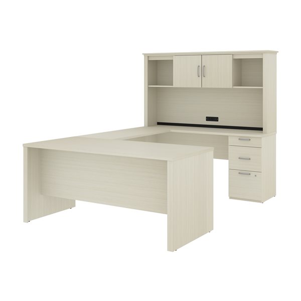 Bestar Logan 66-in U or L-Desk with Pedestal and Hutch - White Chocolate