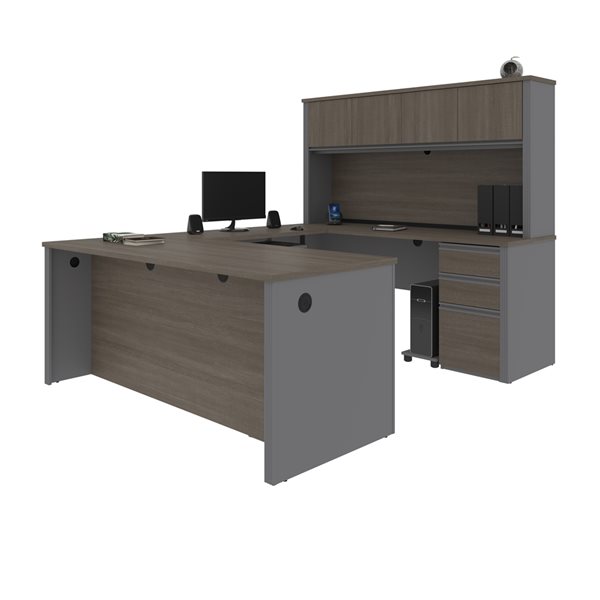 Bureau en U de 72 po avec 2 caissons et bahut Prestige+ de Bestar, gris écorce et ardoise