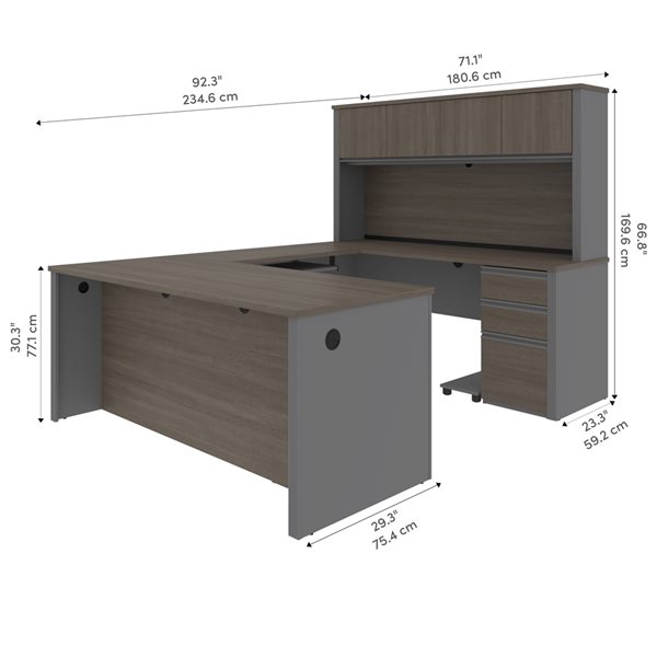 Bureau en U de 72 po avec 2 caissons et bahut Prestige+ de Bestar, gris écorce et ardoise