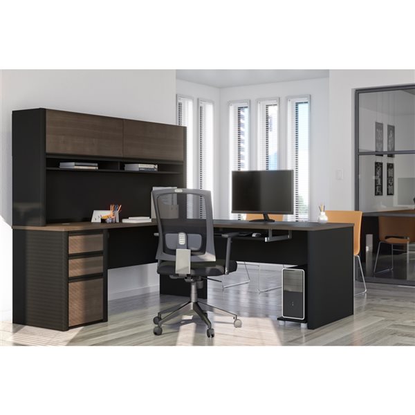 Bestar Connexion 72-in L-Shaped Desk with Pedestal and Hutch - Antigua and Black